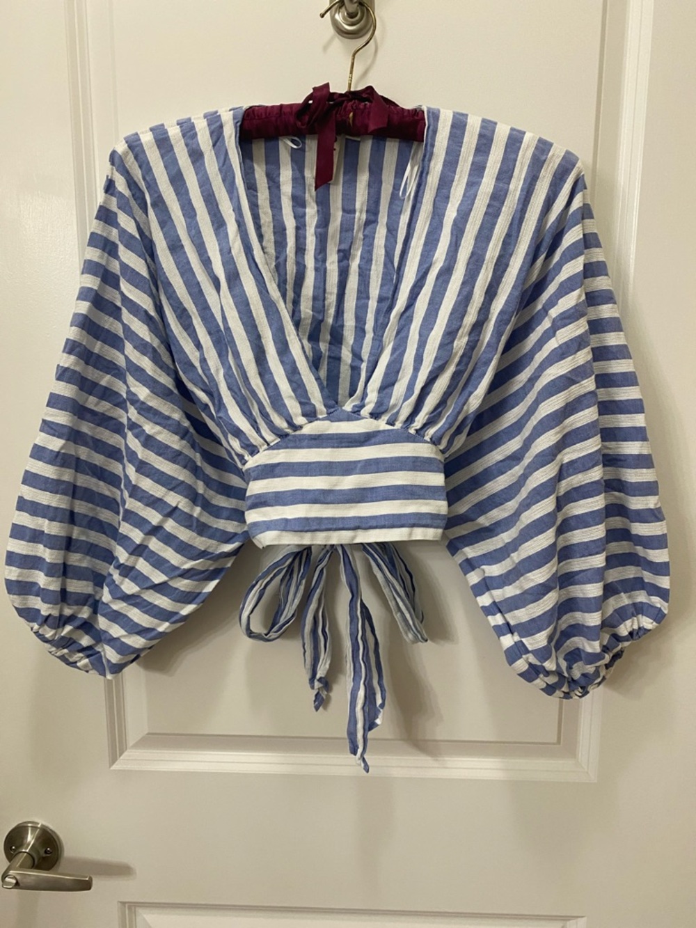 dolan Blue and White Striped V-Neck Tie-Back Balloon Sleeve Blouse